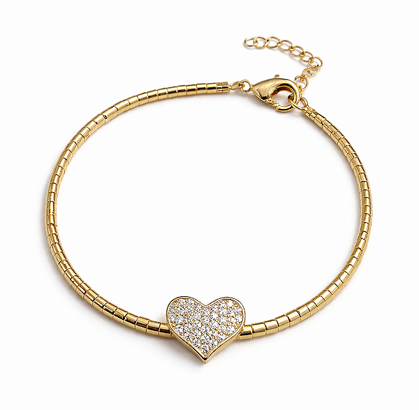 PULSEIRA DOURADA COM CANUDINHOS E PINGENTE DE CORAÇÃO CRAVEJADO