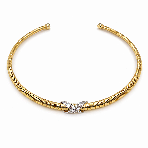 ARO DOURADO ESPIRAL COM PINGETE DE X TODO CRAVEJADO EM RODIO BRANCO