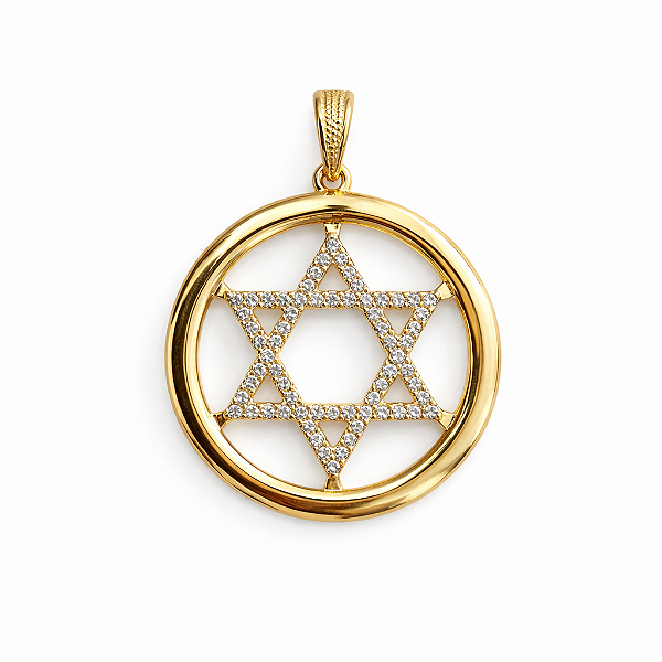 PINGENTE DOURADO MEDALHA ESTRELA DE 6 PONTAS MEDIO COM ZIRCÔNIAS - 3CM