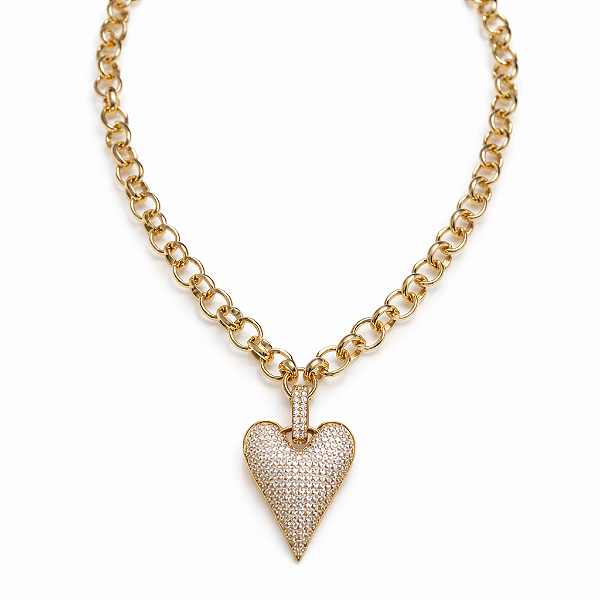 COLAR DOURADO COM ELO PORTUGUES E PINGENTE DE CORAÇÃO TODO CRAVEJADO GRANDE
