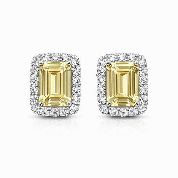 BRINCO EM RODIO BRANCO COM PEDRA RETANGULAR AMARELO CRAVEJADO AO REDOR