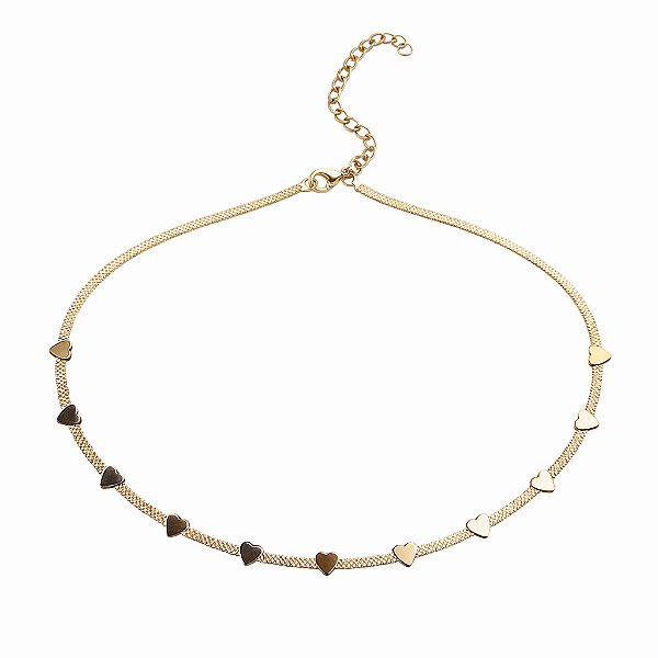 CHOCKER DOURADA RIGIDA COM CORAÇÕES LISOS 32CM