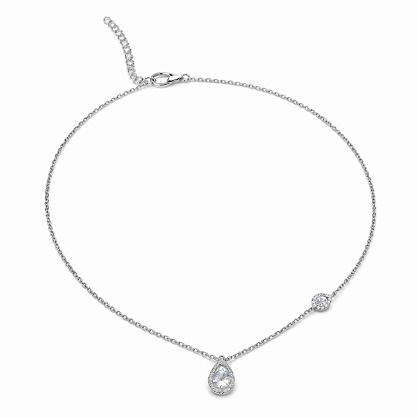 CHOCKER EM RÓDIO BRANCO COM 2 PINGENTE DE GOTAS TODO CRAVEJADO 40+5CM