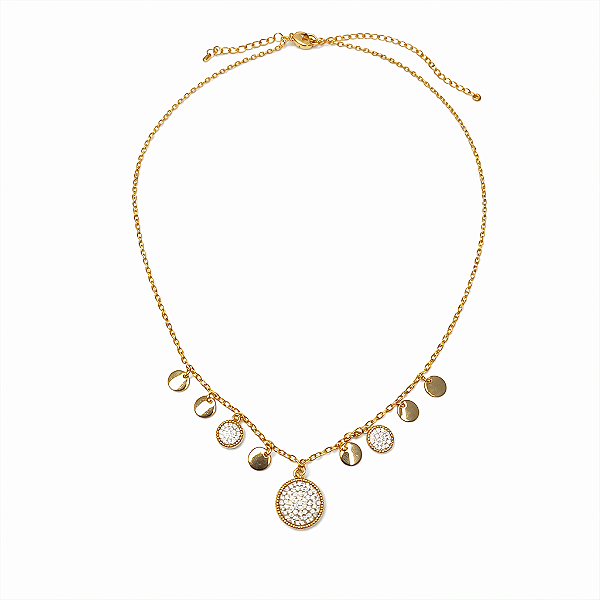 CHOCKER DOURADA COM 3 PINGENTE DE CIRCULOS CRAVEJADOS INTERCALANDO COM CIRCULOS LISOS