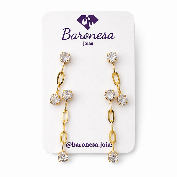 DUPLA DE BRINCOS DOURADOS PONTO DE LUZ COM CORRENTINHA PENDURADA E PONTO DE LUZ NA PONTA DO MAIOR PARA O MENOR