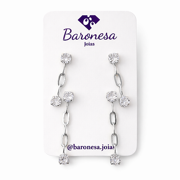 DUPLA DE BRINCOS EM RÓDIO BRANCO PONTO DE LUZ COM CORRENTINHA PENDURADA E PONTO DE LUZ NA PONTA DO MAIOR PARA O MENOR