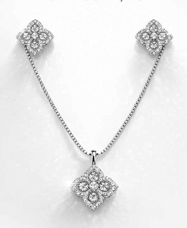 CONJUNTO EM RÓDIO BRANCO E COM PINGENTE E BRINCOS DE FLORZINHA CRAVEJADO