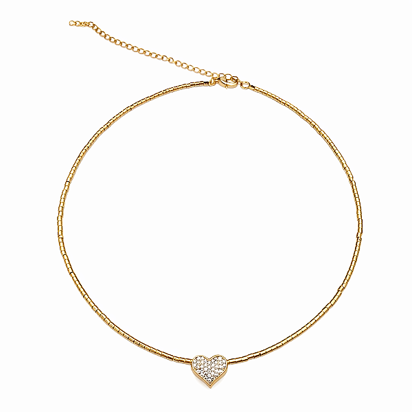 CHOCKER DOURADA COM CANUDINHOS E PINGENTE DE CORAÇÃO CRAVEJADO