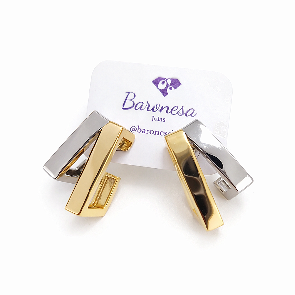 ARGOLA QUADRADA DUPLA EM RÓDIO BRANCO E DOURADO