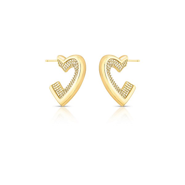 ARGOLA DOURADA MÉDIA EM FORMATO DE CORAÇÃO COM ZIRCÔNIAS BRANCAS NAS LATERAIS - COM TARRACHA