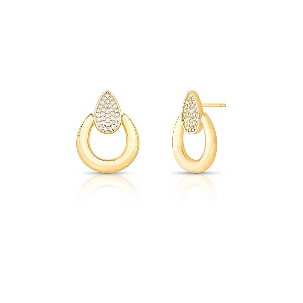BRINCO DOURADO PEQUENO GOTA CRAVEJADA COM DETALHE LISO EMBAIXO