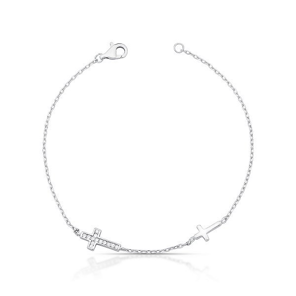 PULSEIRA PRATA ELOS COM CRUZ LISA E CRUZ CRAVEJADA - COM EXTENSOR