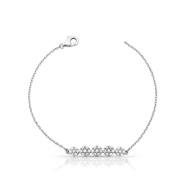 PULSEIRA PRATA ELOS COM 5 FLORZINHAS CRAVEJADAS - COM EXTENSOR