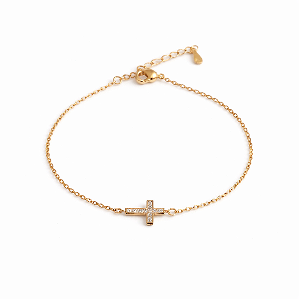 PULSEIRA DOURADA COM CRUZ DE ZIRCÔNIAS BRANCAS DEITADA - 17CM + 3CM EXTENSOR