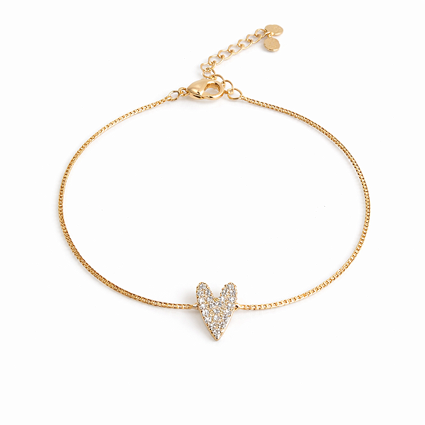 PULSEIRA DOURADA COM FIO VENEZIANA E CORAÇÃO NO MEIO MICROCRAVEJADO COM ZIRCÔNIAS BRANCAS - 17CM + 5CM EXTENSOR