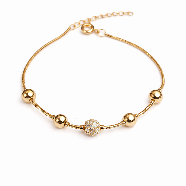 PULSEIRA DOURADA COM 4 BOLAS LISAS E UMA CRAVEJADA - 17CM + 3CM EXTENSOR