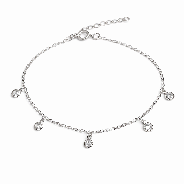 PULSEIRA PRATA DE ELOS COM 5 PEDRAS DE ZIRCÔNIAS REDONDAS PENDURADAS - 18CM + 2CM EXTENSOR