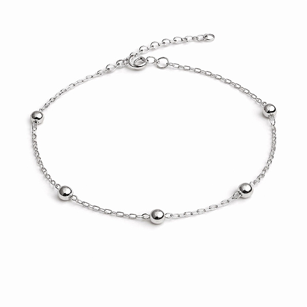 PULSEIRA PRATA DE ELOS COM 5 BOLAS LISAS NO FIO - 18CM + 1CM EXTENSOR