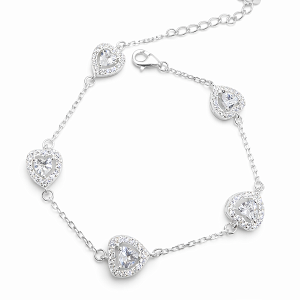 PULSEIRA PRATA DE ELOS COM 5 CORAÇÕES DE ZIRCÔNIAS NO FIO - 17CM + 3CM EXTENSOR