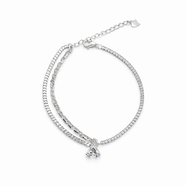 PULSEIRA PRATA METADE RIVIERA BRANCA, OUTRA METADE FIO DUPLO, COM UMA PEDRA DE ZIRCÔNIA NO MEIO - 17CM + 3CM EXTENSOR