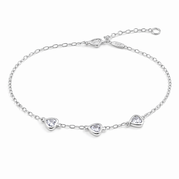 PULSEIRA PRATA ELOS COM 3 CORAÇÕES COM ZIRCÔNIAS BRANCAS NO MEIO - 18CM + 2CM EXTENSOR