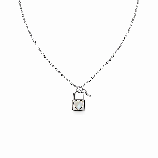 CHOCKER PRATA ELOS COM PINGENTE DE CADEADO CORAÇÃO MADREPÉROLA E CHAVE - 40CM + 3CM EXTENSOR