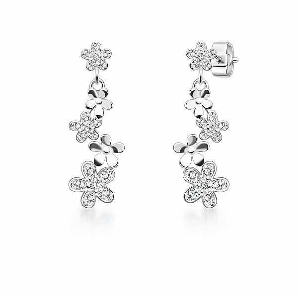 BRINCO DE PRATA MODELO FLORES PENDURADAS - LISAS E COM ZIRCÔNIAS BRANCAS