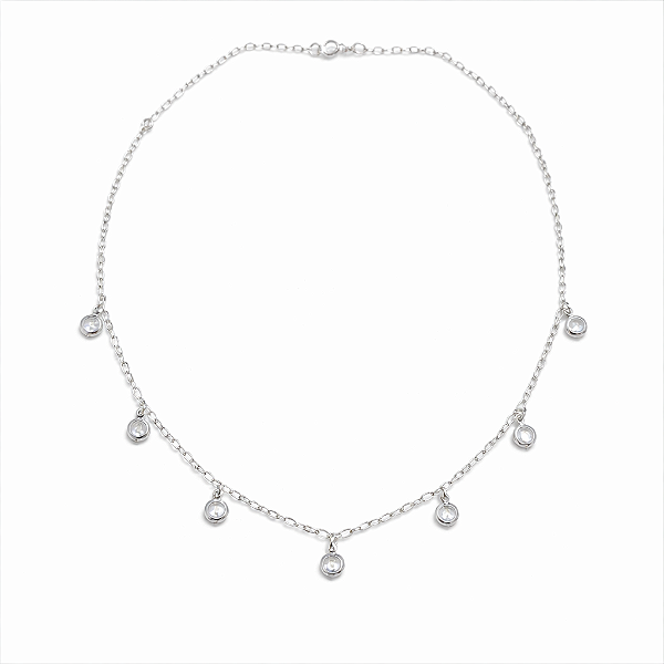 CHOCKER PRATA ELOS COM 7 PEDRAS DE ZIRCÔNIAS PENDURADAS - 35CM + 5CM EXTENSOR
