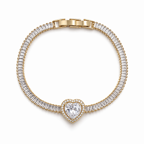 PULSEIRA DOURADA MODELO RIVIERA COM PINGENTE DE ZIRCONIA FORMATO DE CORAÇÃO CRAVEJADO AO REDOR