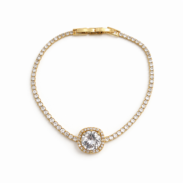 PULSEIRA DOURADA MODELO RIVIERA COM PINGENTE DE ZIRCONIA FORMATO QUADRADO CRAVEJADO AO REDOR