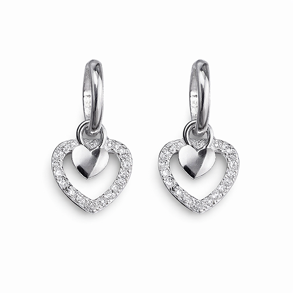 ARGOLA PRATA MODELO REDONDA COM PINGENTE DE CORAÇÃO CRAVEJADO PENDURADO