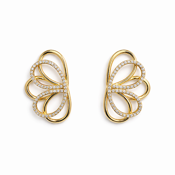 BRINCO DOURADO FORMATO ASA DE BORBOLETA METADE LISA E METADE CRAVEJADA