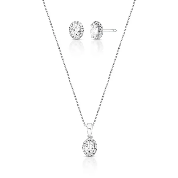 CONJUNTO DE PRATA BRINCO E PINGENTE COM CRISTAL OVAL E ZIRCÔNIAS AO REDOR