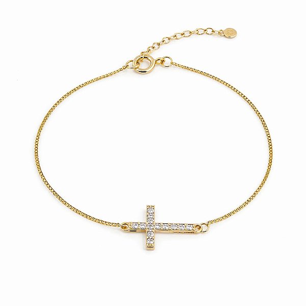 PULSEIRA DOURADA VENEZIANA COM CRUZ MICROCRAVEJADA COM ZIRCÔNIAS BRANCAS