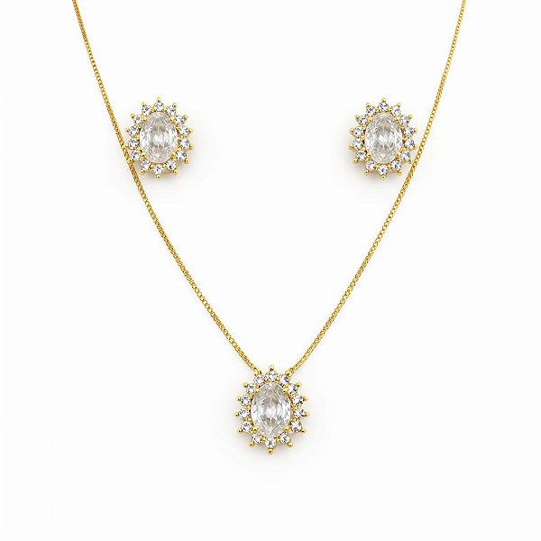 CONJUNTO DOURADO BRINCO E COLAR COM CRISTAL OVAL E ZIRCÔNIAS AO REDOR