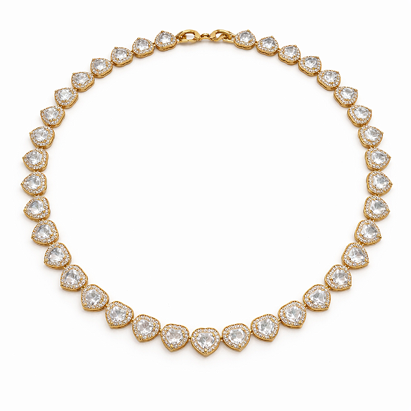 CHOCKER DOURADA MODELO RIVIERA COM PEDRAS DE CORAÇÃO CRAVEJADA AO REDOR 42CM