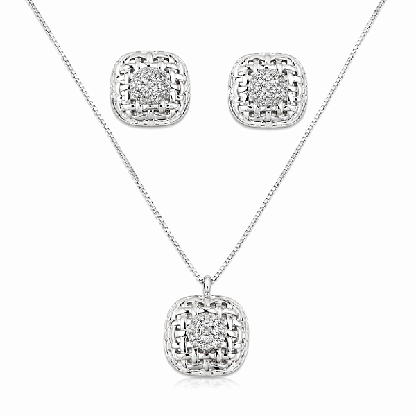 CONJUNTO PRATA MODELO QUADRADO FIOS E NO MEIO CRAVEJADO COM ZIRCÔNIAS BRANCAS