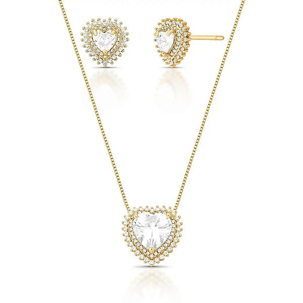 CONJUNTO DOURADO DE BRINCO E COLAR DE CORAÇÃO EM CRISTAIS E ZIRCÔNIAS - 45CM + 5 EXTENSOR