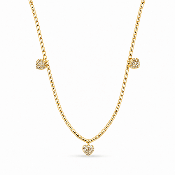 COLAR DOURADO CANUTILHOS E 3 CORAÇÕES MICROCRAVEJADOS - 45CM + 5CM EXTENSOR