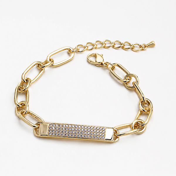 PULSEIRA DOURADA MODELO PLACA MICROCRAVEJADA COM ZIRCÔNIAS BRANCAS -  18CM + 3CM EXTENSOR