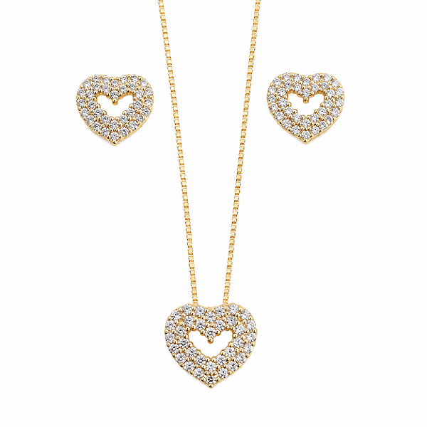 CONJUNTO DOURADO DE BRINCO E COLAR DE CORAÇÃO MICROCRAVEJADOS COM ZIRCÔNIAS - 45CM + 5 EXTENSOR