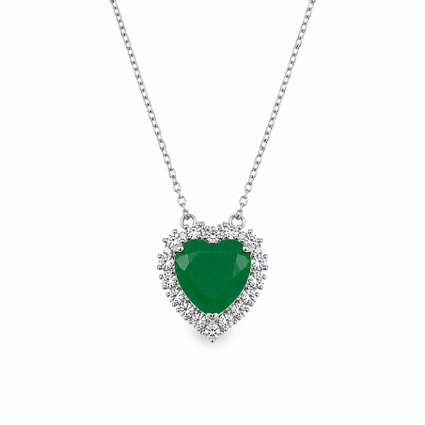 CHOCKER  RÓDIO BRANCO CORAÇÃO GRANDE COM ZIRCÔNIA VERDE E MICROZIRCÔNIAS NA LATERAL - 40CM + 5CM EXTENSOR
