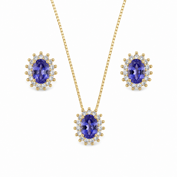 CONJUNTO DOURADO BRINCO E COLAR COM CRISTAL OVAL NA COR AZUL E ZIRCÔNIAS AO REDOR 45+5CM - 10,5MM