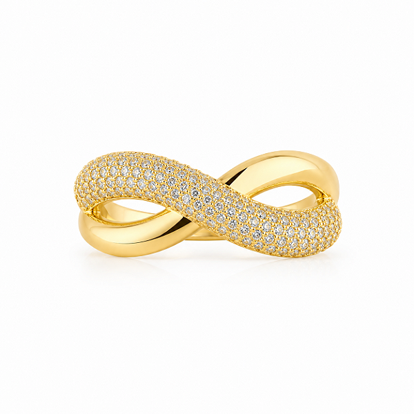 ANEL DOURADO EM X COM 1 FILETE MICROCRAVEJADO COM ZIRCÔNIAS BRANCAS