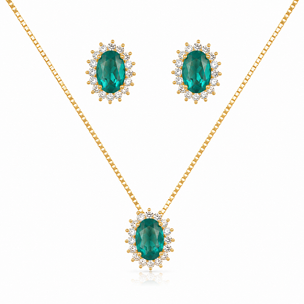 CONJUNTO DOURADO BRINCO E COLAR COM CRISTAL OVAL NA COR VERDE E ZIRCÔNIAS AO REDOR 45+5CM
