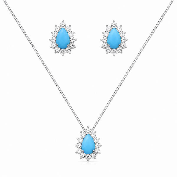 CONJUNTO DE RODIO BRANCO FORMATO DE GOTA COR AZUL E PERDRINHAS AO REDOR