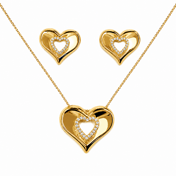 CONJUNTO DOURADO DE CORAÇÃO VAZADO CRAVEJADO PELO LADO DE DENTRO BRINCO E PINGENTE 45CM