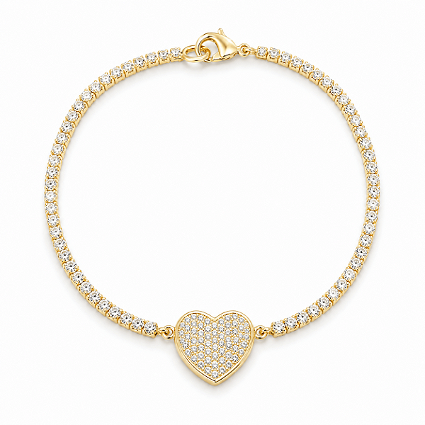 PULSEIRA DOURADA ZIRCÔNIAS CORAÇÃO CRAVEJADO E RIVIERA 2MM