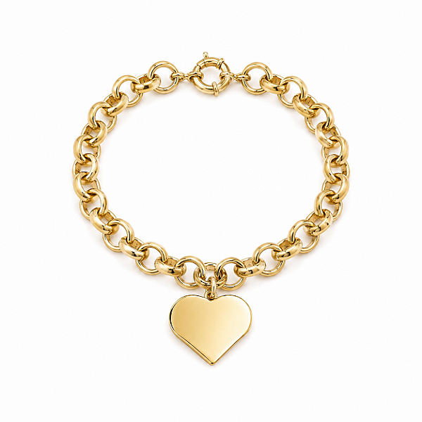 PULSEIRA DOURADA ELO PORTUGUÊS COM PINGENTE DE CORAÇÃO LISO E FECHO BOIA - 17,5CM