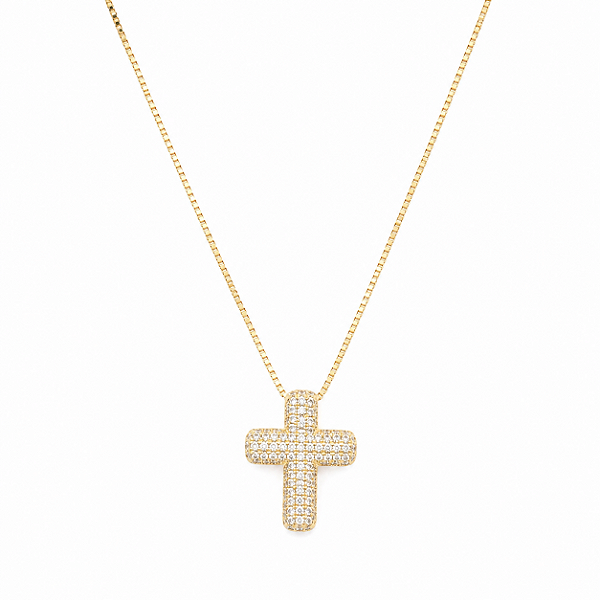 COLAR DOURADO VENEZIANA COM PINGENTE DE CRUZ MICROCRAVEJADA COM ZIRCÔNIAS BRANCAS - 45CM